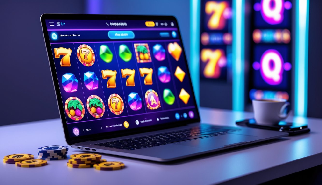 Seorang pemain menggunakan laptop dan ponsel untuk bermain permainan slot online dengan latar belakang cahaya neon biru dan ungu.
