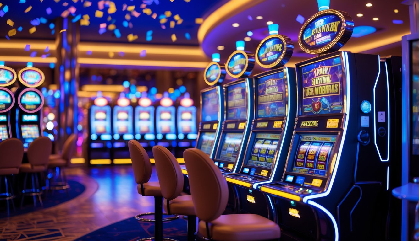 Area mesin slot di kasino modern dengan lampu berwarna-warni dan suasana yang menyenangkan.