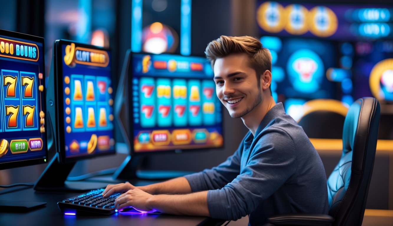 Seorang pria muda sedang bermain permainan slot online di depan beberapa monitor komputer dengan latar ruangan modern dan pencahayaan hangat.