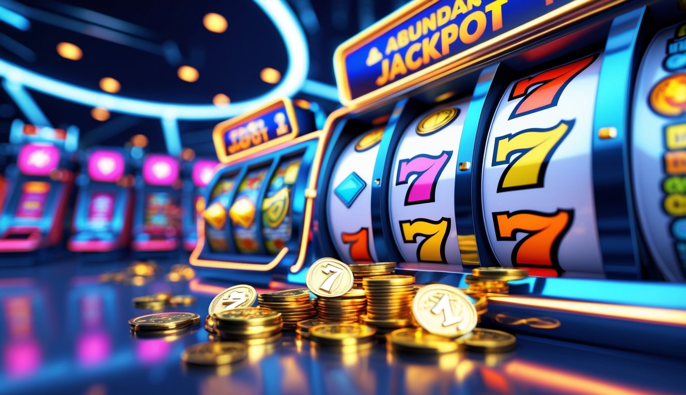Antarmuka permainan slot online dengan gulungan berwarna-warni dan koin yang melimpah dari mesin slot.