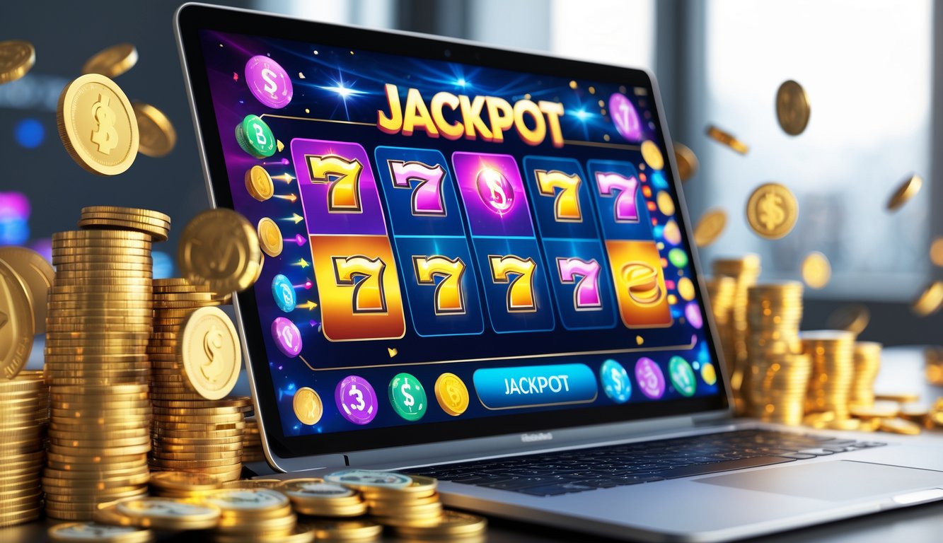 Seorang pemain menggunakan laptop dengan layar menampilkan permainan slot online penuh warna dan ikon jackpot, dikelilingi oleh tumpukan koin emas dan chip kasino.