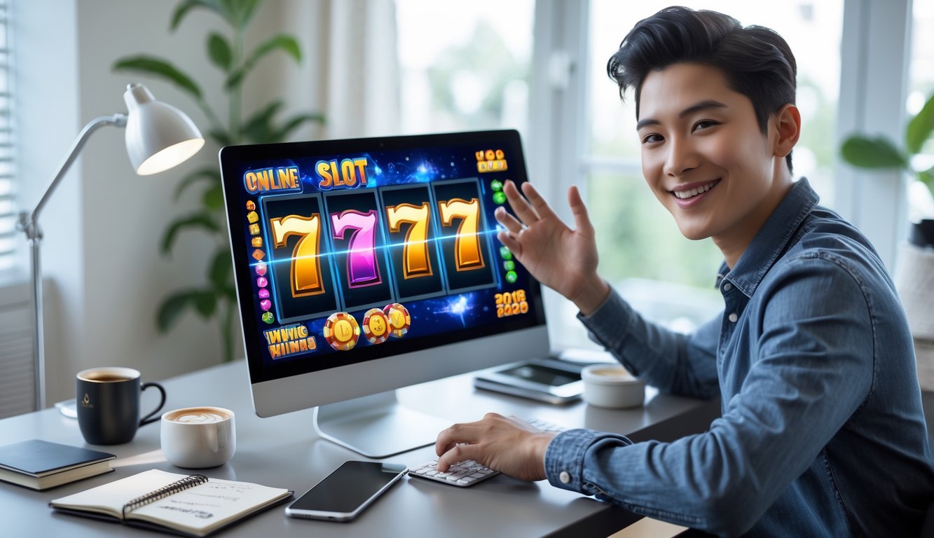 Seseorang duduk di meja komputer modern, tersenyum sambil bermain permainan slot online dengan grafik warna-warni di layar laptop.
