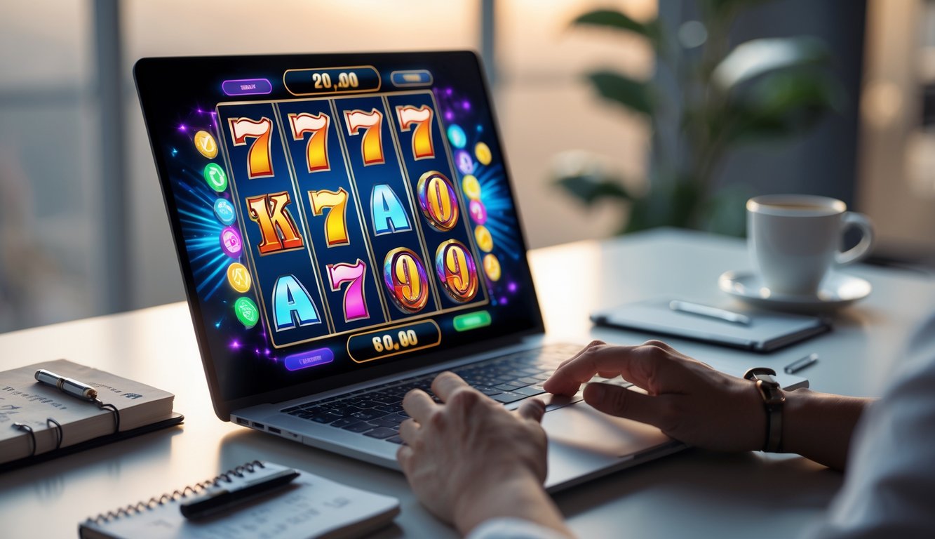 Seorang pengguna komputer dengan layar menampilkan permainan slot online berwarna-warni, di meja terdapat buku catatan dan cangkir kopi.