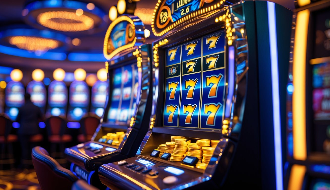 Mesin slot modern dengan gulungan berwarna cerah yang berputar di lantai kasino yang ramai dan penuh lampu.