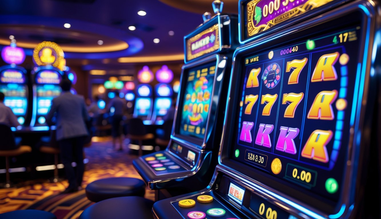 Suasana kasino modern dengan mesin slot berwarna-warni yang menunjukkan kombinasi kemenangan dan tumpukan chip kasino di sekitarnya.