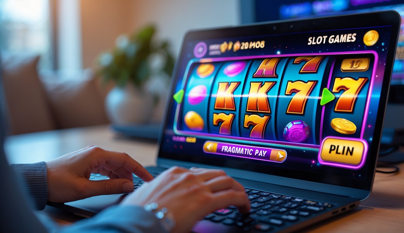 Seseorang sedang bermain permainan slot online di komputer dengan latar belakang ruangan yang nyaman.