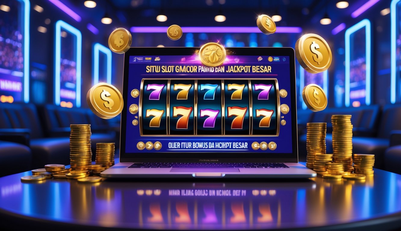 Seorang pemain menggunakan laptop dengan layar menampilkan mesin slot berwarna-warni dan ikon jackpot serta bonus di sekitarnya.