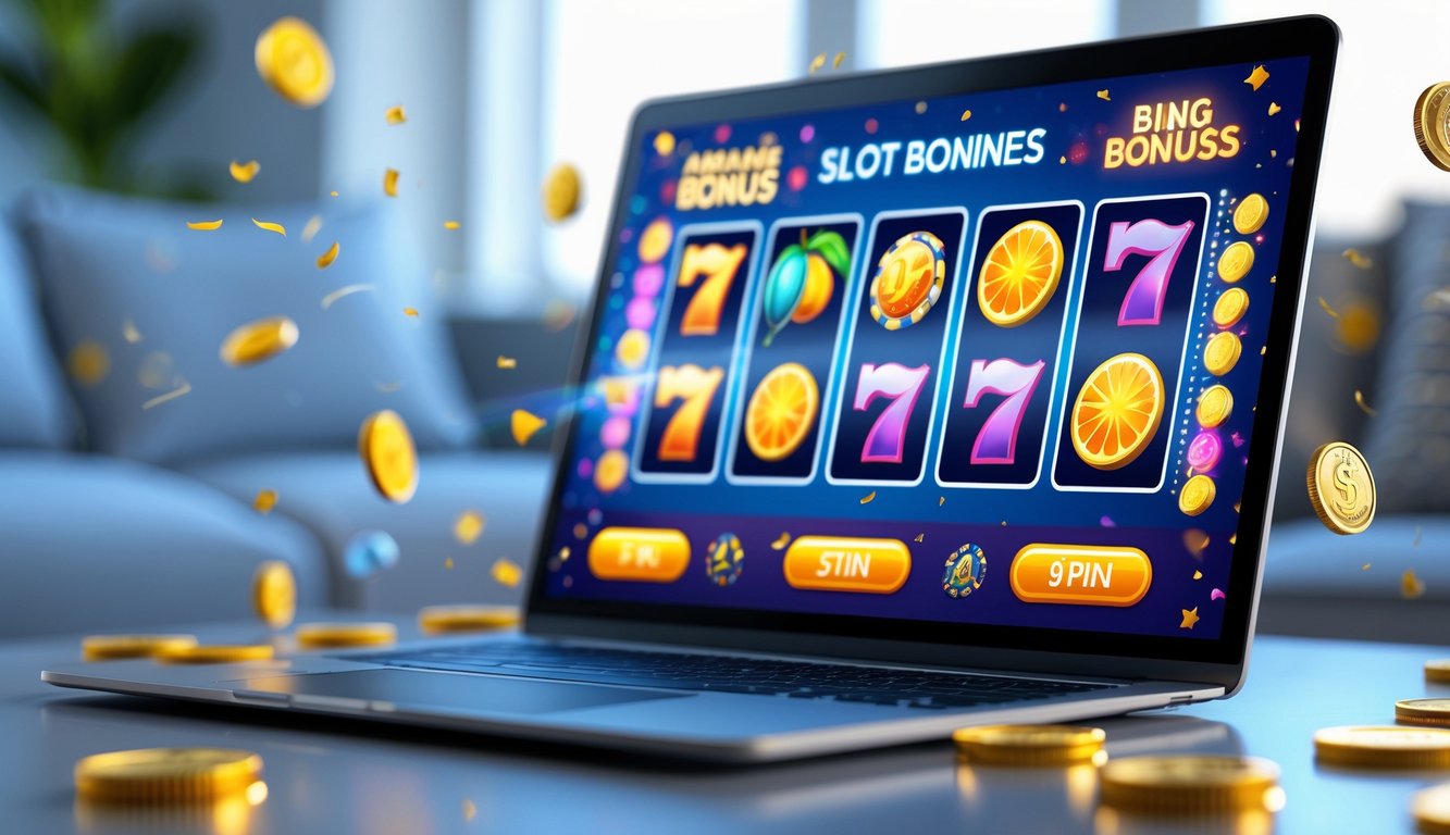 Layar komputer menampilkan permainan slot online dengan simbol buah, jackpot, dan bonus, di lingkungan rumah atau kantor yang nyaman.