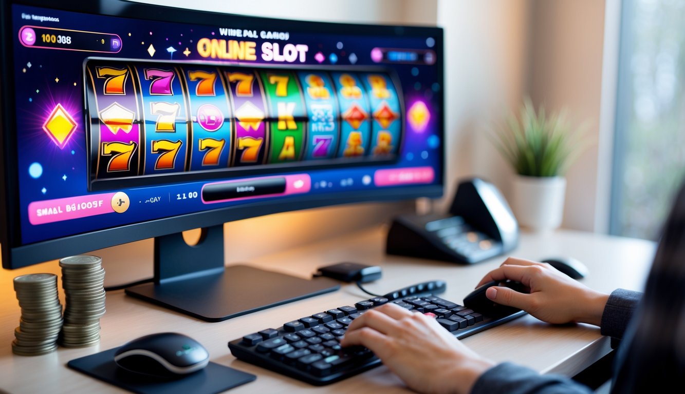 Seseorang sedang bermain permainan slot online di komputer dengan suasana meja kerja yang rapi dan pencahayaan alami.