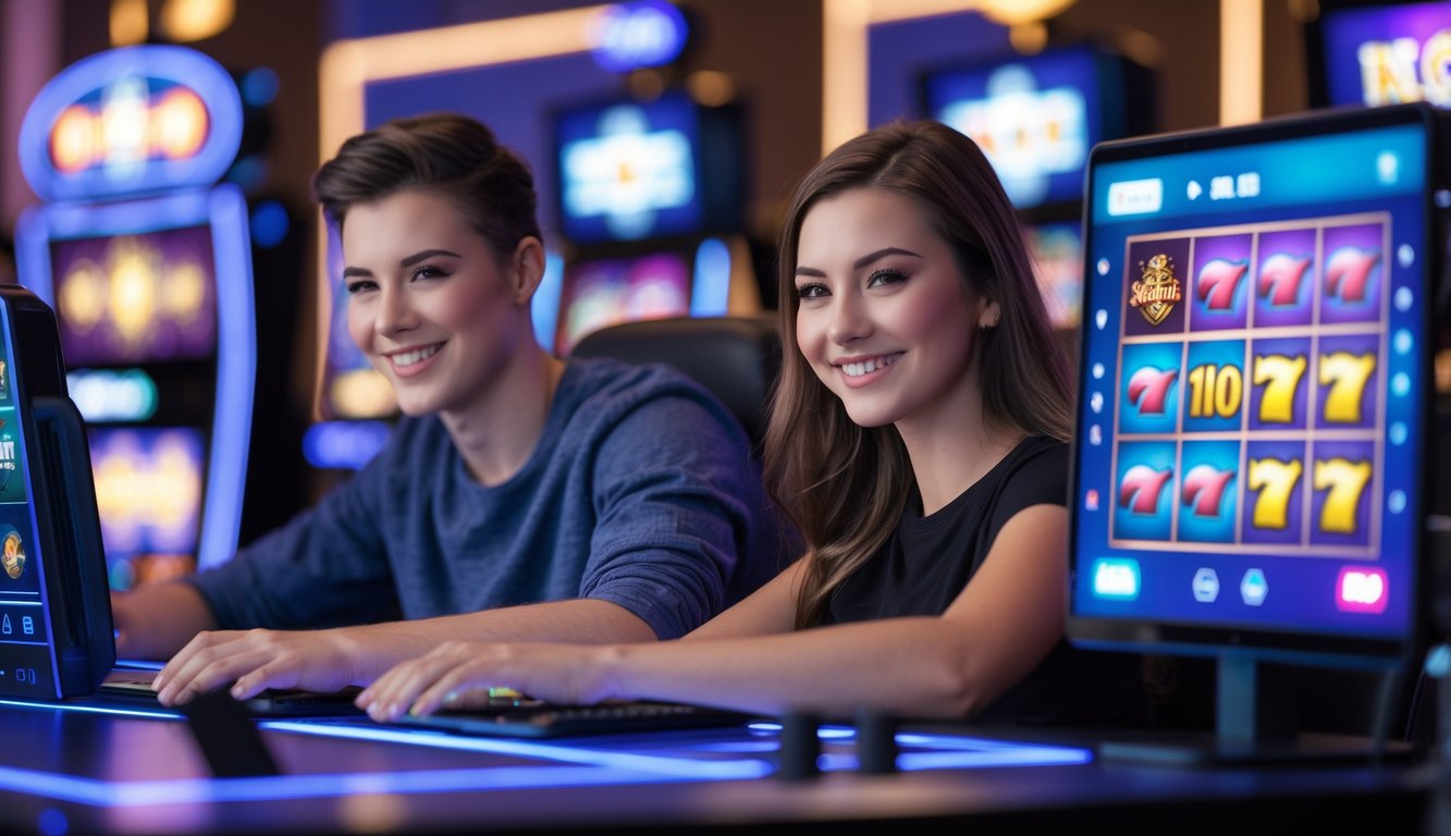 Dua orang muda sedang bermain permainan slot online dengan perangkat digital di meja yang rapi dan pencahayaan yang nyaman.