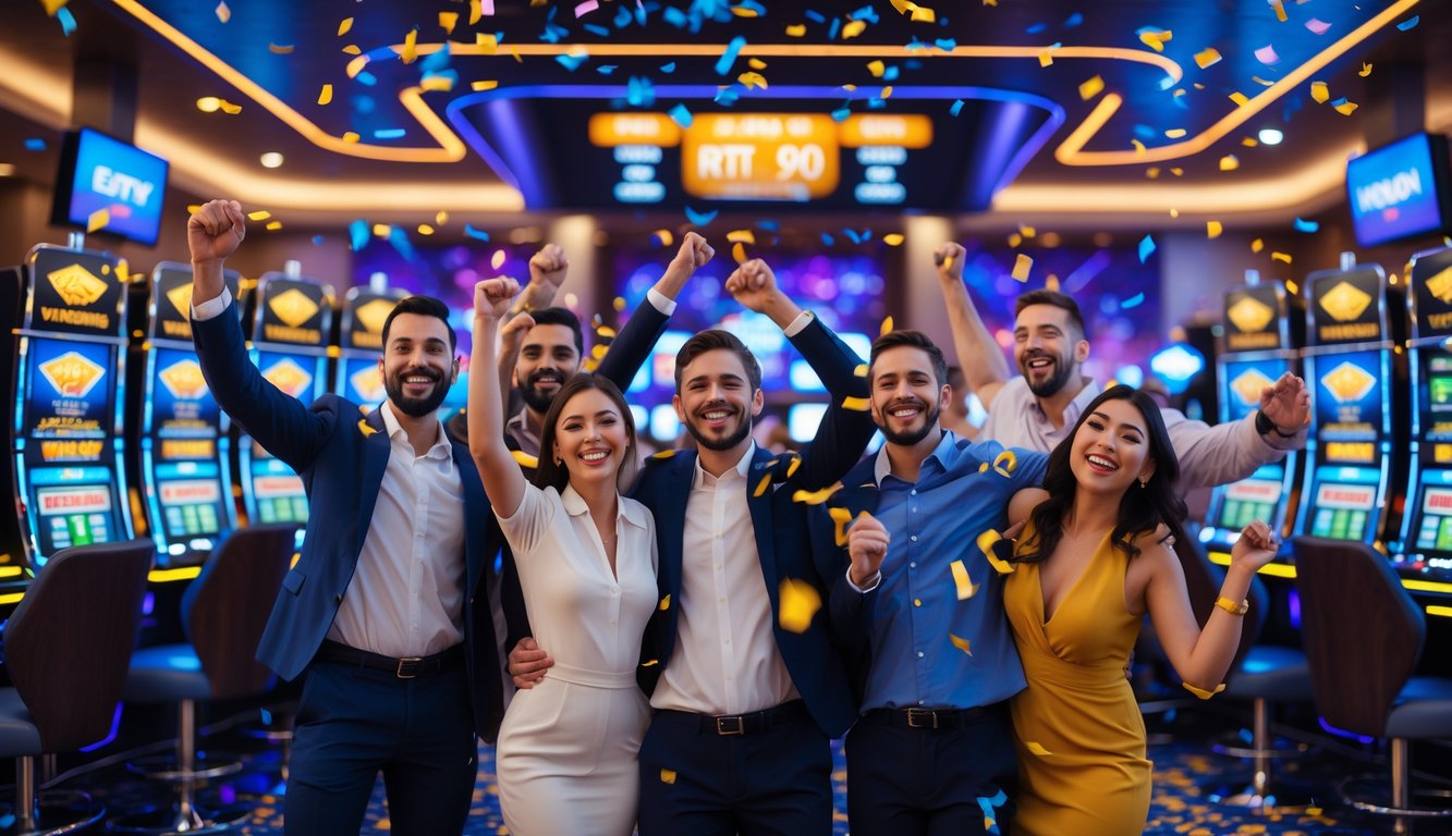 Sejumlah orang gembira merayakan kemenangan jackpot di kasino dengan mesin slot berwarna-warni dan lampu terang.