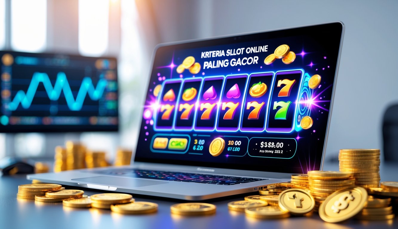 Seorang pengguna sedang bermain mesin slot online di komputer dengan tampilan warna-warni dan koin emas yang melambangkan kemenangan besar.