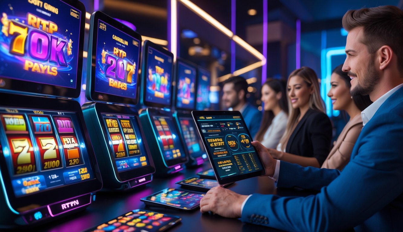 Orang-orang sedang bermain mesin slot digital di ruangan permainan dengan layar komputer berwarna-warni dan seseorang menganalisis data pada tablet.