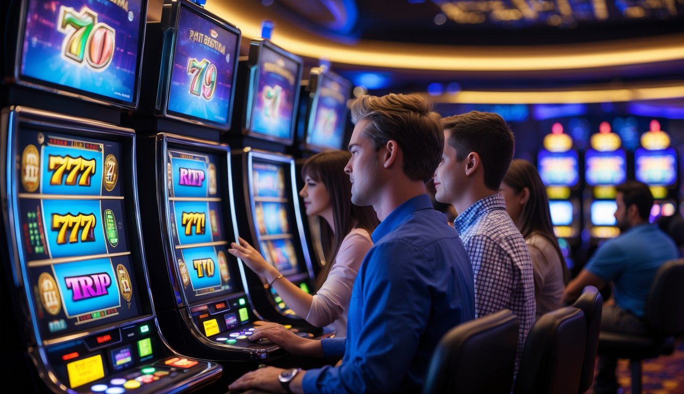Orang-orang bermain mesin slot di kasino modern dengan suasana cerah dan penuh semangat.