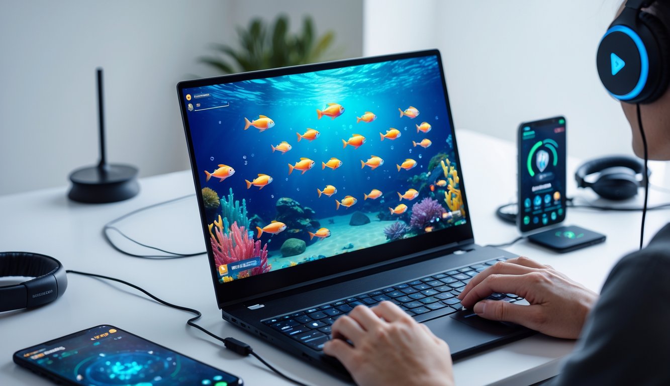 Seorang pengguna sedang bermain permainan tembak ikan di komputer dengan latar belakang laut biru dan ikan berwarna-warni yang bergerak di layar.