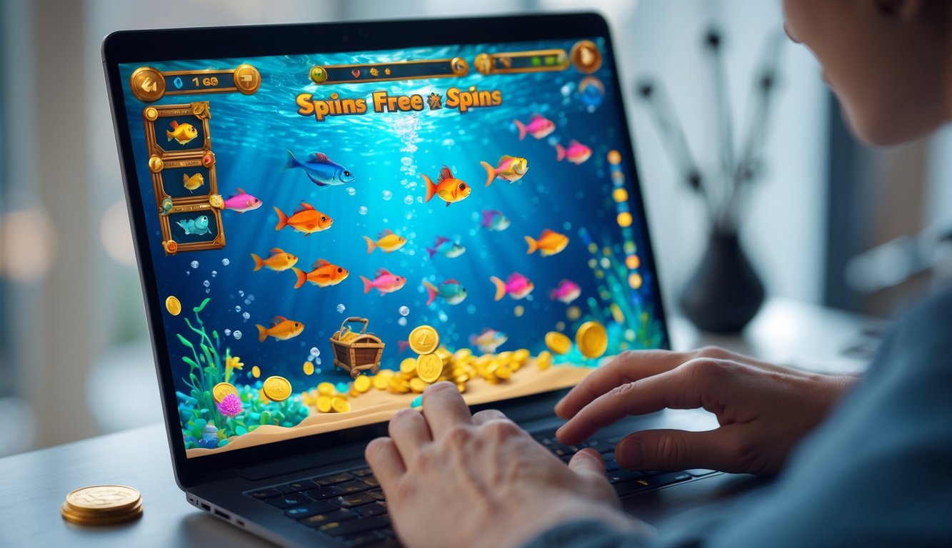 Seseorang bermain game tembak ikan online di komputer dengan layar menampilkan ikan warna-warni dan koin di bawah laut.