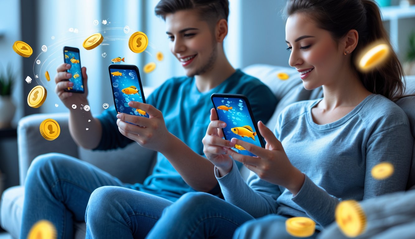 Dua orang muda sedang bermain game tembak ikan online dengan perangkat mobile di ruang tamu yang nyaman.