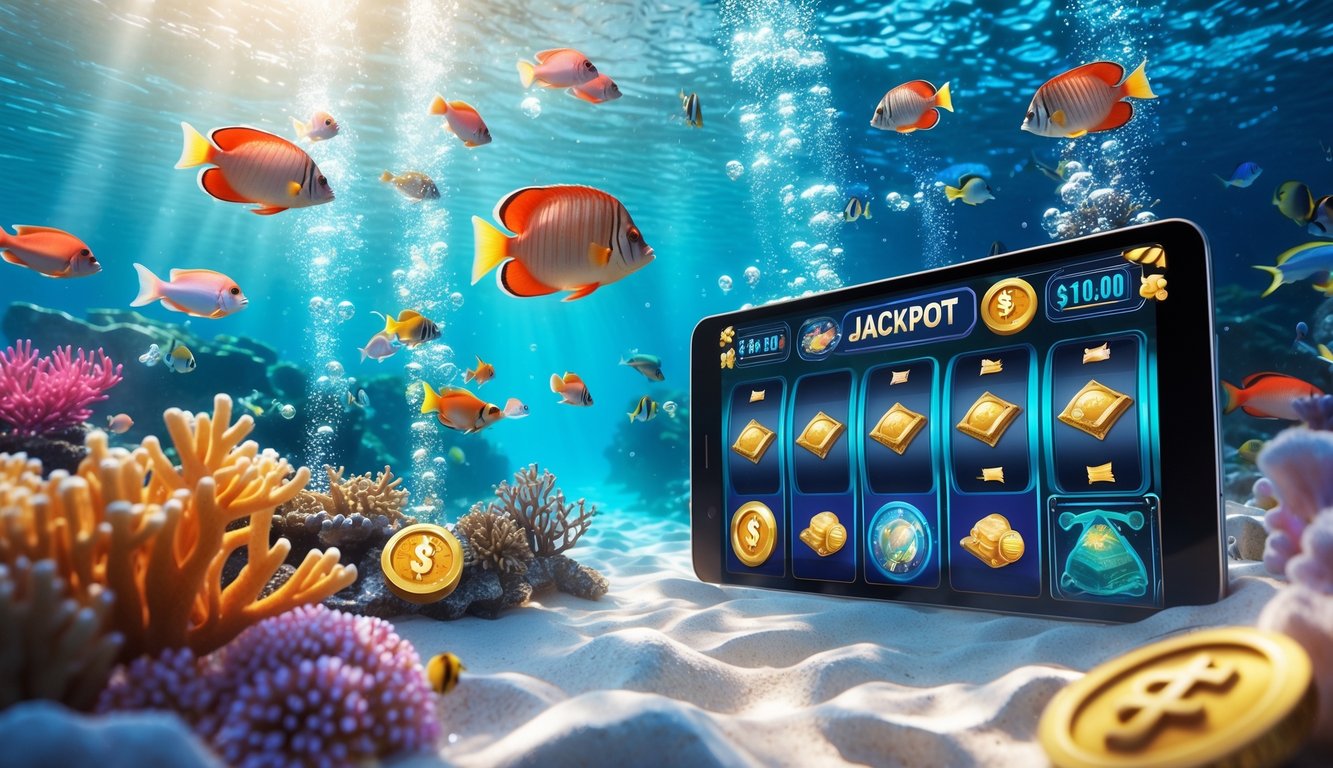 Pemandangan bawah laut dengan ikan tropis berwarna-warni berenang di sekitar terumbu karang dan elemen permainan digital yang menampilkan putaran gratis dan jackpot besar.