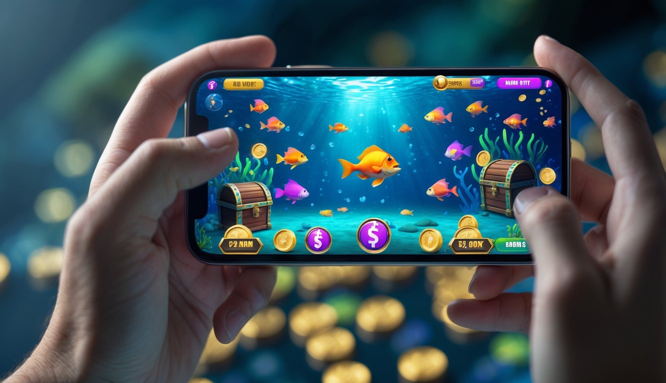 Seseorang memegang smartphone yang menampilkan permainan tembak ikan dengan animasi ikan berwarna-warni dan koin emas di layar.