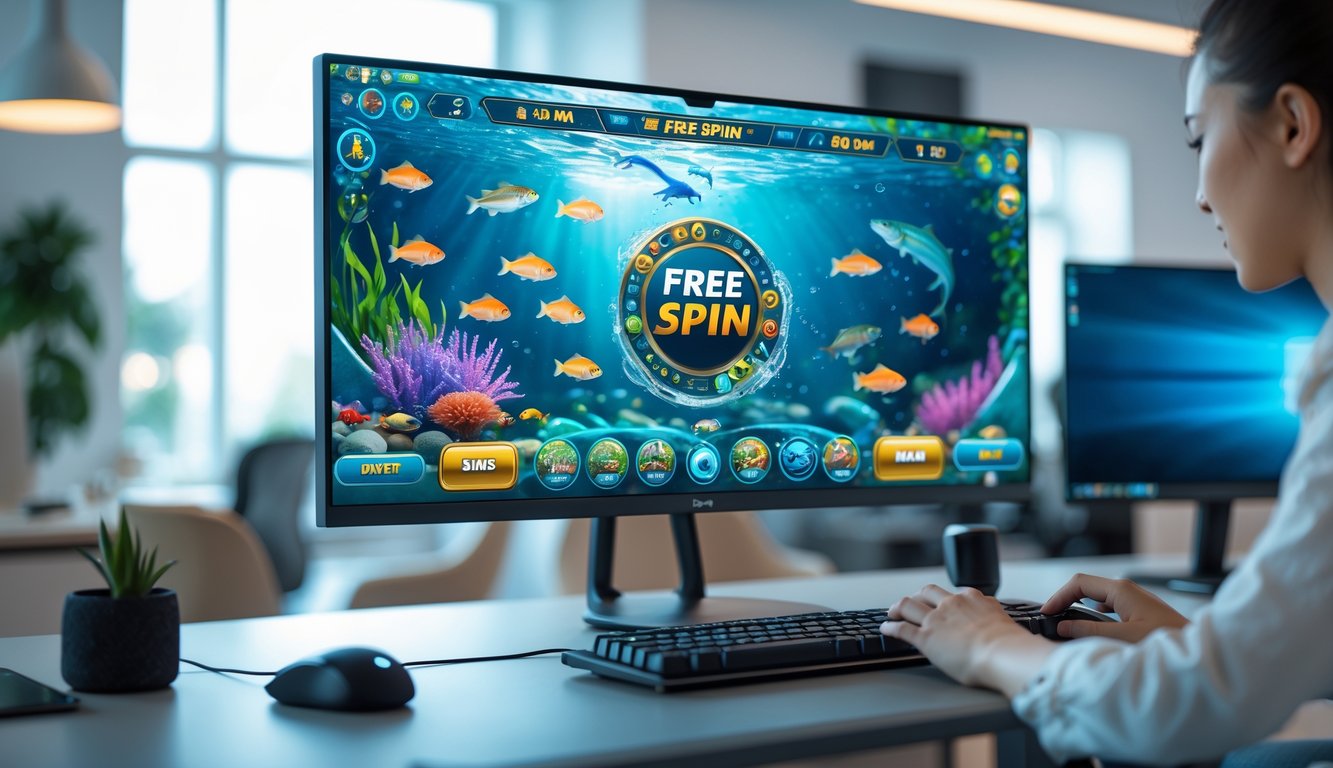 Sebuah setup permainan online memancarkan suasana bermain game memancing dengan layar komputer menampilkan ikan berwarna-warni di bawah laut.