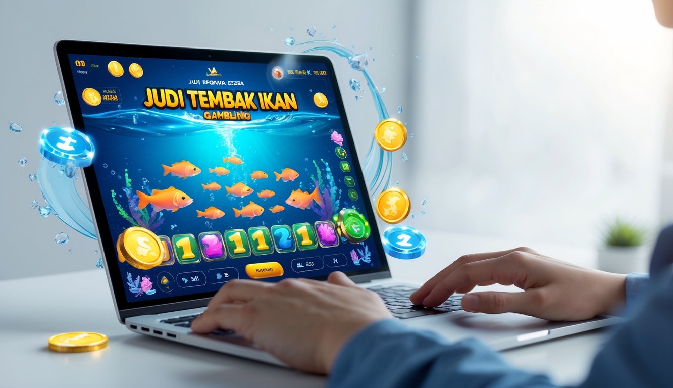 Seorang pengguna bermain permainan judi tembak ikan di layar komputer dengan latar belakang bawah laut yang penuh warna dan ikan animasi.