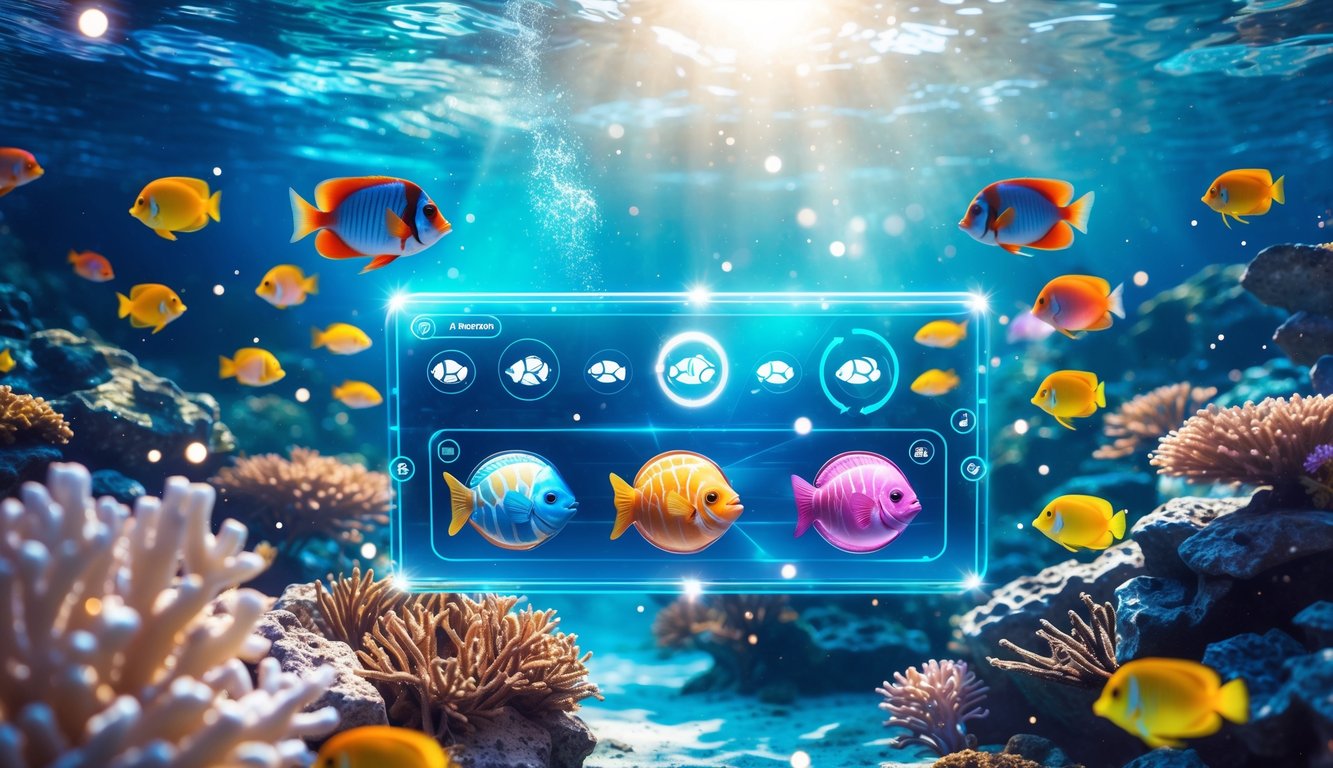 Pemandangan bawah laut dengan ikan tropis berwarna-warni berenang di sekitar terumbu karang dan antarmuka permainan digital modern yang menunjukkan ikon ikan dan gulungan berputar.