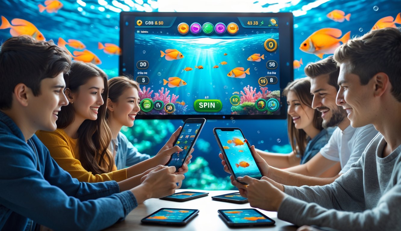 Beberapa orang muda sedang bermain game tembak ikan online dengan layar berwarna-warni yang menampilkan ikan dan elemen permainan di latar bawah laut.