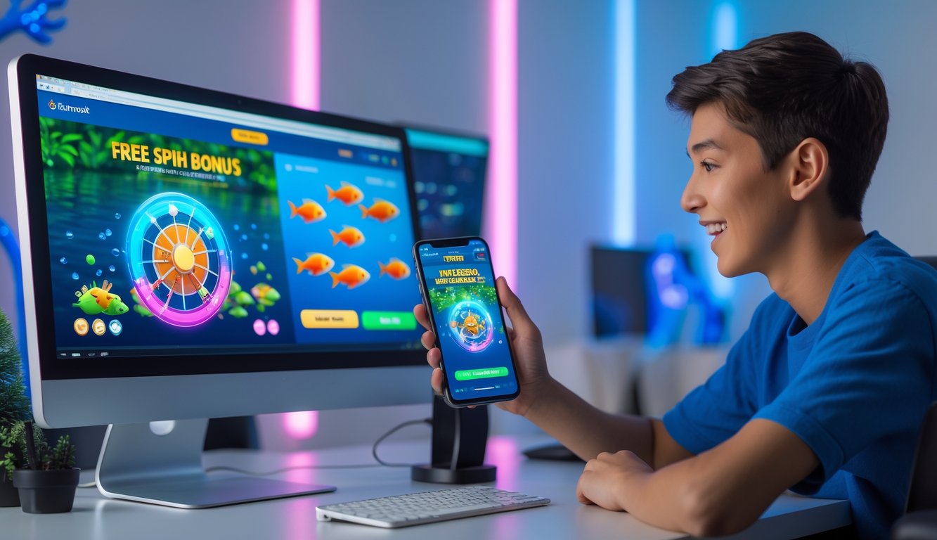 Seorang pemain muda menggunakan ponsel dan komputer untuk bermain game tembak ikan dengan tampilan layar penuh ikan berwarna-warni dan roda bonus.