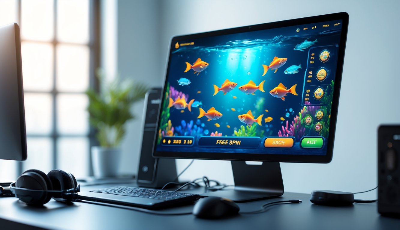 Sebuah meja dengan komputer yang menampilkan permainan tembak ikan berwarna-warni dan aksesori gaming di sekitarnya.