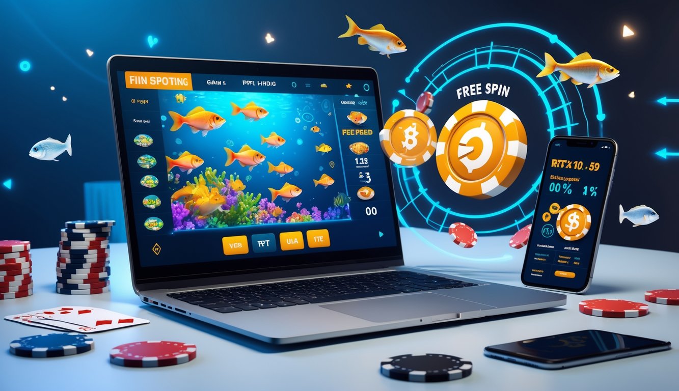 Seorang pengguna duduk di depan laptop dengan tampilan permainan tembak ikan di layar, dikelilingi oleh chip poker dan ponsel yang menampilkan statistik permainan.