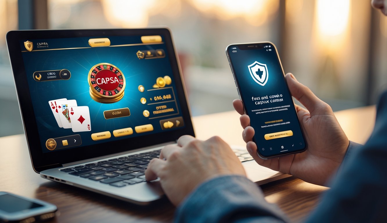 Seorang pengguna sedang bermain Capsa online di laptop dengan aplikasi e-wallet terbuka di ponsel, menunjukkan proses deposit cepat dan aman.