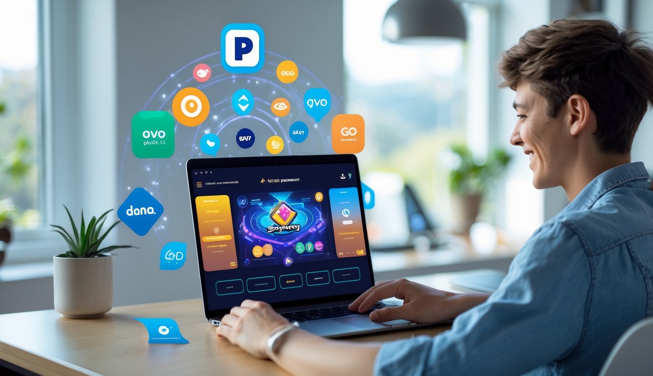 Seseorang duduk di depan laptop di ruang kerja modern, bermain game kartu online dengan ikon pembayaran digital di latar belakang.