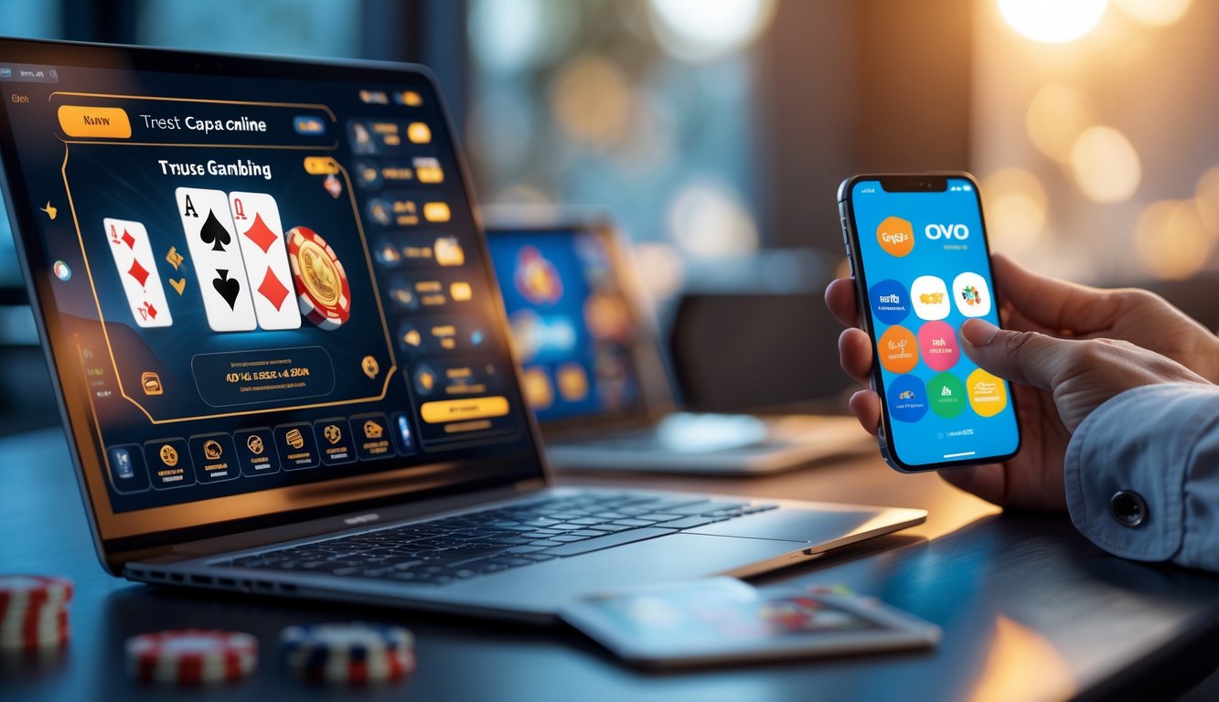 Seseorang menggunakan laptop dan ponsel di meja dengan kartu remi dan chip poker, menunjukkan aktivitas permainan Capsa online dan pembayaran digital.