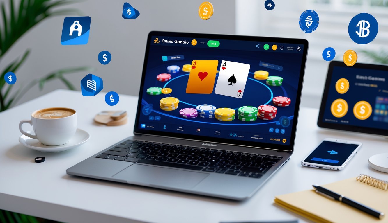 Seorang pengguna di depan laptop dengan tampilan permainan kartu online dan ikon e-wallet di sekitar, menunjukkan kemudahan deposit digital.