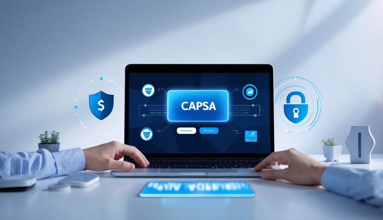 Seseorang menggunakan komputer dengan tampilan permainan Capsa online, dikelilingi simbol keamanan dan transaksi e-wallet.