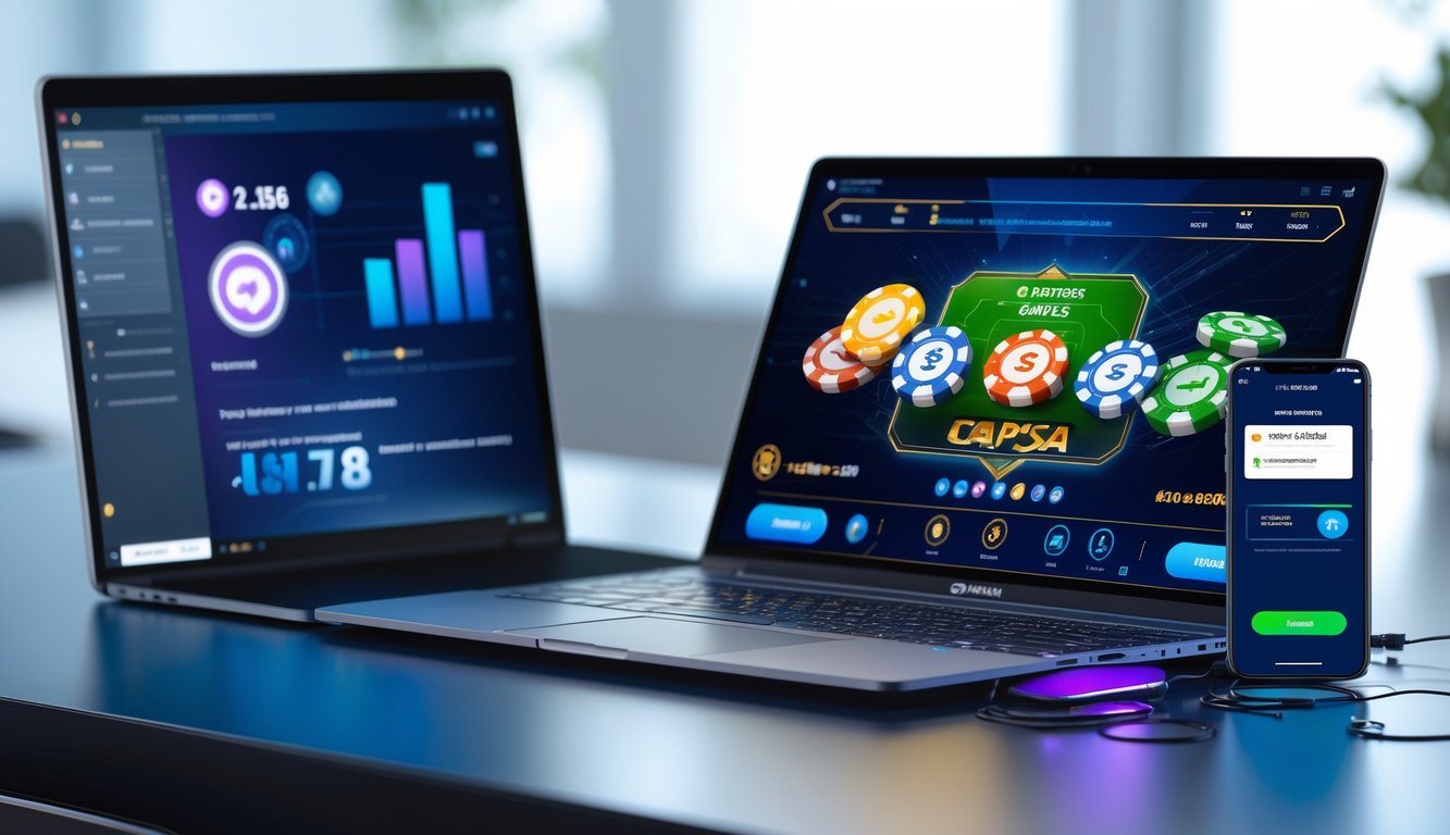 Seorang pengguna sedang bermain game kartu online di laptop dengan ponsel yang menampilkan aplikasi dompet digital di meja kerja yang bersih dan terang.