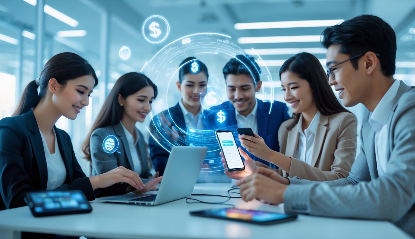 Sekelompok orang muda menggunakan ponsel dan laptop di kantor modern untuk melakukan transaksi e-wallet dengan cepat dan aman.