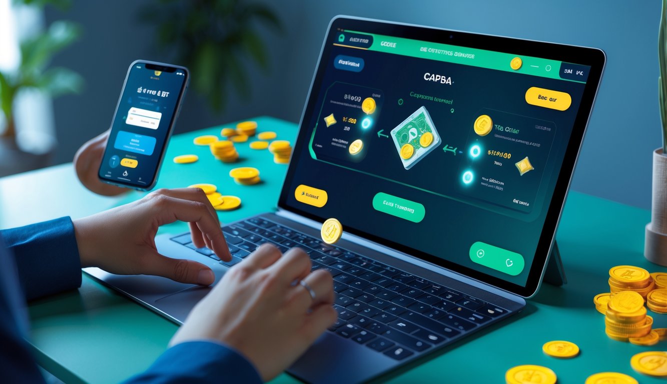 Seseorang menggunakan laptop dan ponsel untuk bermain game kartu online dan melakukan deposit e-wallet tanpa potongan.