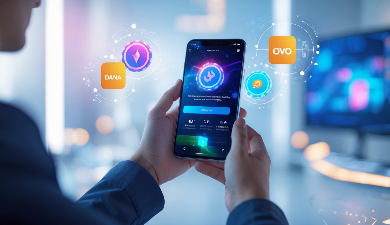 Seseorang memegang ponsel yang menampilkan antarmuka aplikasi pembayaran digital dengan ikon Dana dan OVO di sekitar layar, di latar belakang teknologi yang kabur.