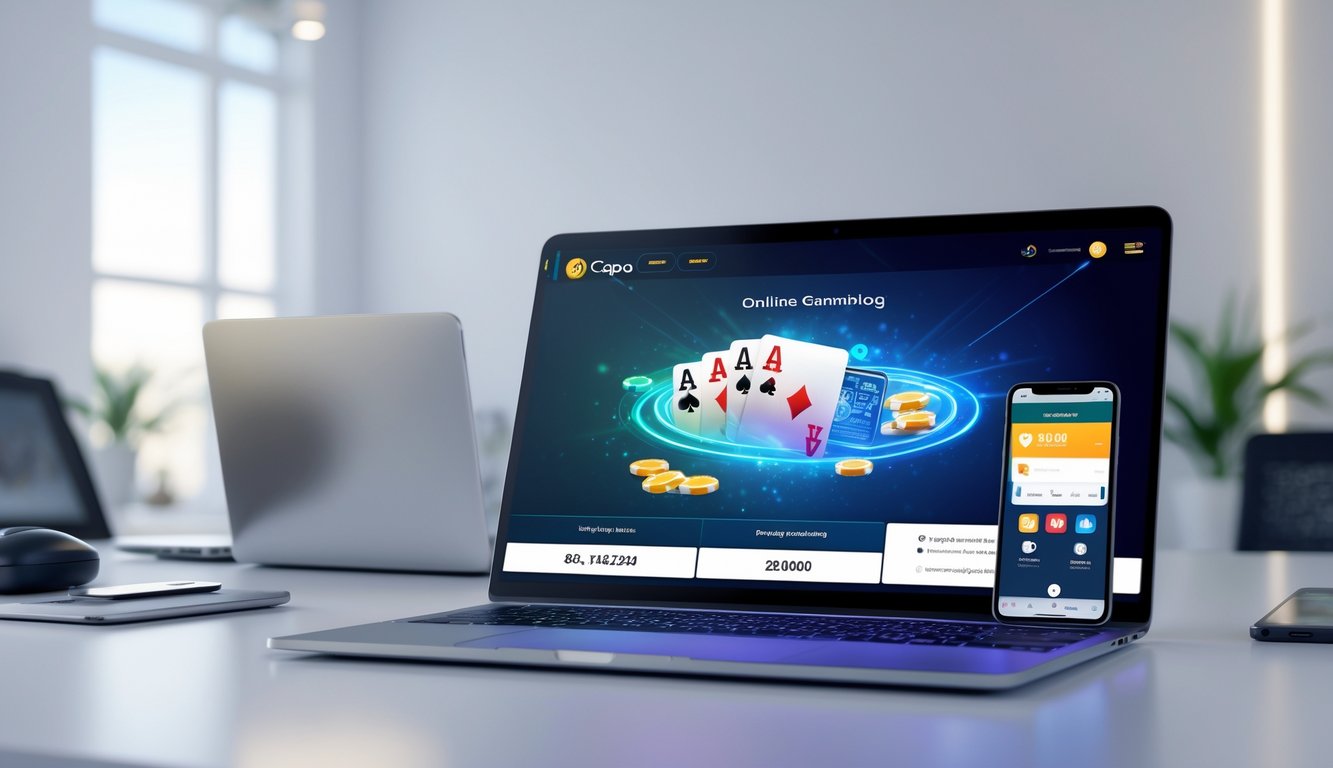 Meja kerja modern dengan laptop menampilkan permainan kartu online dan ponsel yang menunjukkan aplikasi pembayaran digital, menggambarkan akses situs judi Capsa online terpercaya.