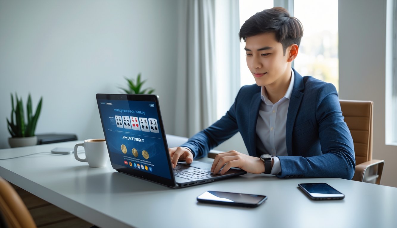 Seorang dewasa muda duduk di meja modern sambil bermain permainan kartu online di laptop dengan ponsel yang menampilkan aplikasi e-wallet di sampingnya.