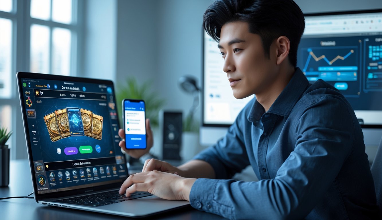 Seorang pria muda duduk di meja dengan laptop dan ponsel yang menampilkan permainan kartu dan aplikasi dompet digital.