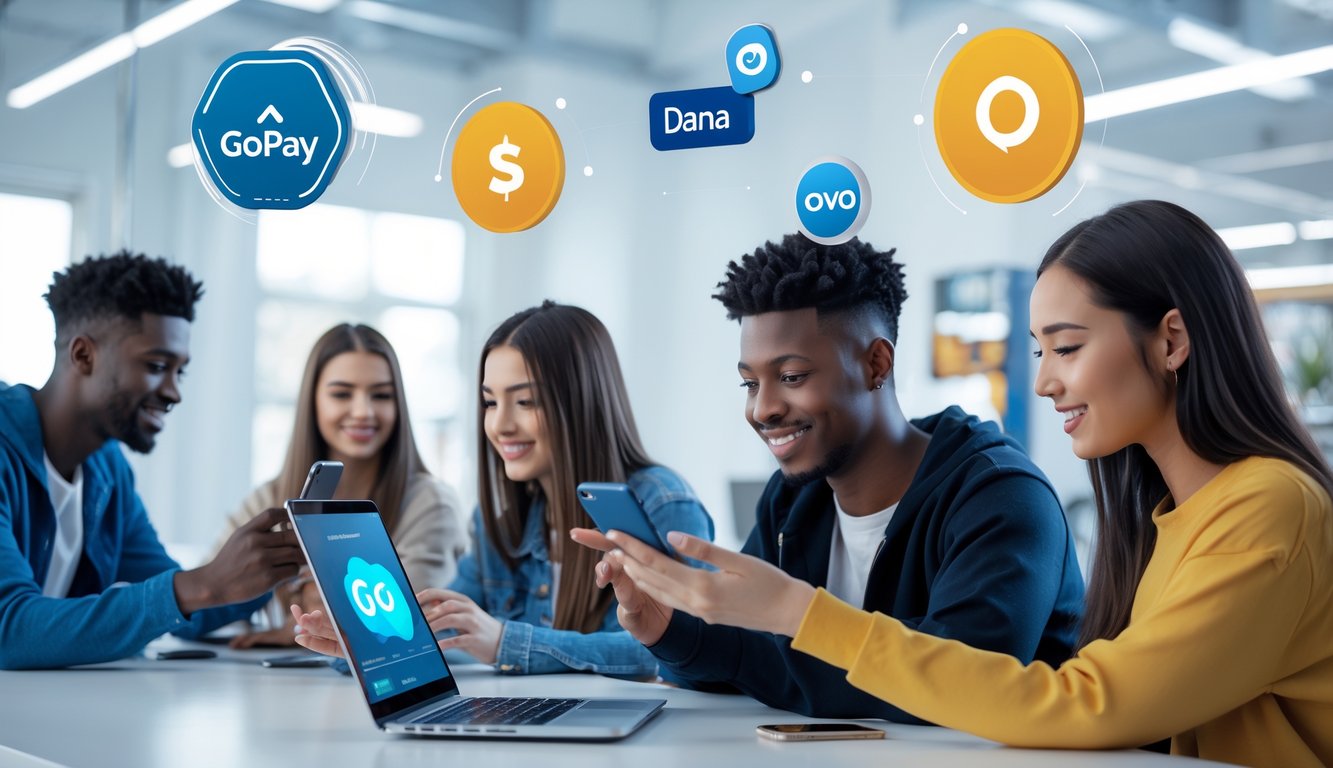 Beberapa orang muda menggunakan smartphone dan laptop untuk bermain game online dengan latar belakang ikon pembayaran digital.