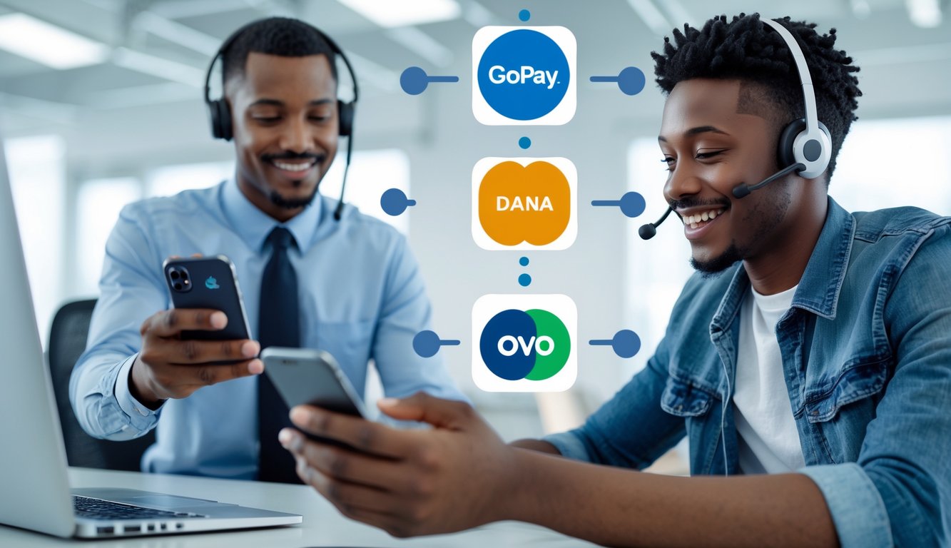 Seorang agen layanan pelanggan tersenyum membantu seorang dewasa muda menggunakan ponsel untuk melakukan pembayaran online di kantor modern.