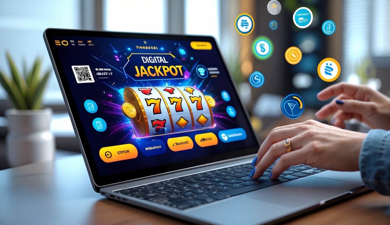 Seseorang menggunakan perangkat digital menampilkan permainan jackpot online dengan ikon metode pembayaran e-wallet di sekitarnya.