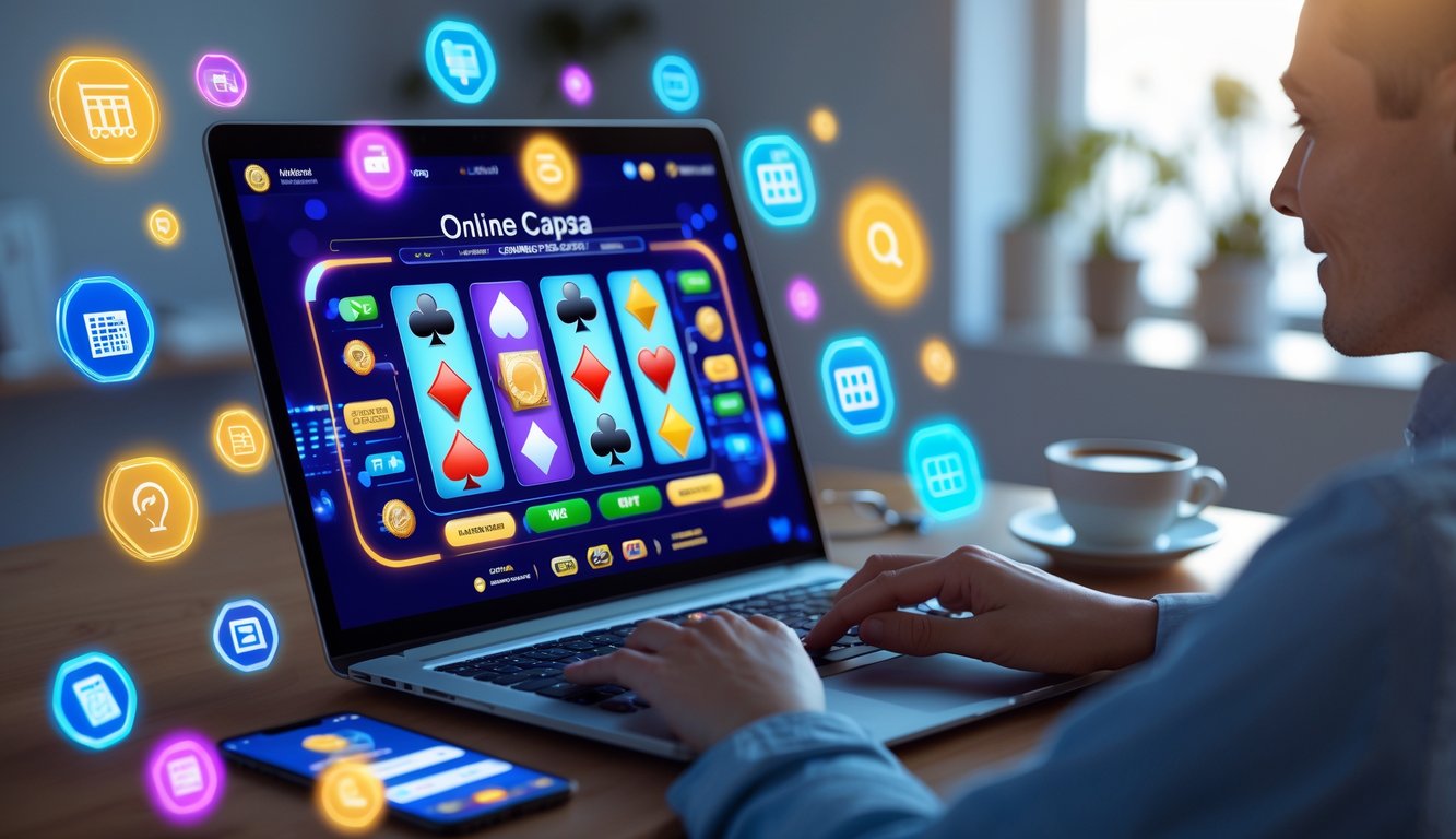 Seorang pria menggunakan laptop dengan layar menampilkan permainan Capsa online dan ikon pembayaran e-wallet di sekitarnya dalam ruangan yang terang dan rapi.