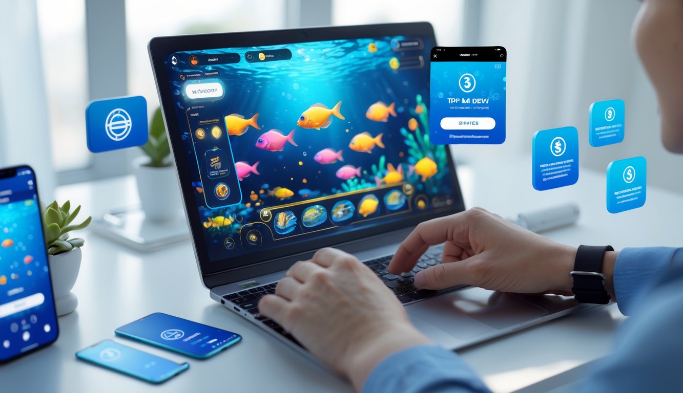 Seseorang menggunakan komputer dengan tampilan permainan menembak ikan berwarna-warni di layar, di meja terdapat ponsel dan simbol transaksi digital, suasana cerah dan profesional.