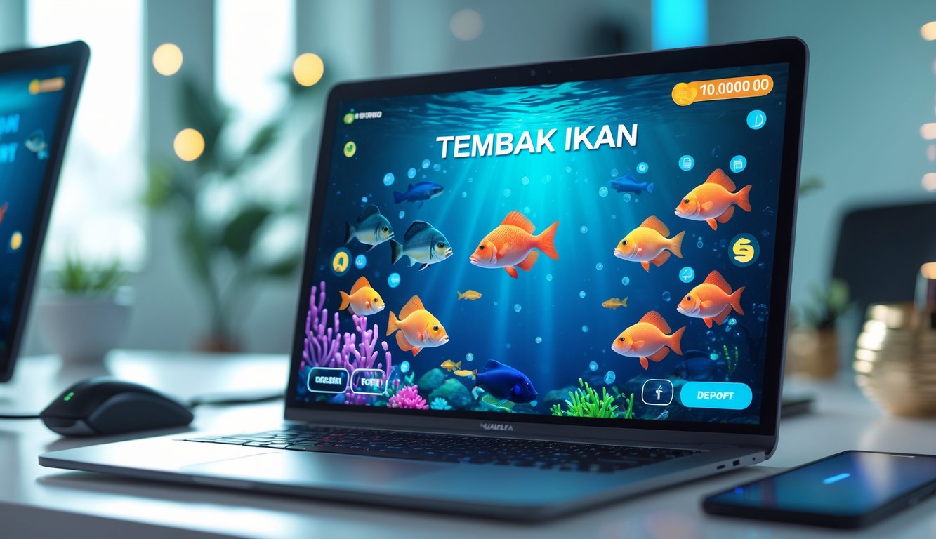 Layar komputer menampilkan permainan tembak ikan dengan grafik ikan berwarna-warni di lingkungan kerja yang bersih dan modern.