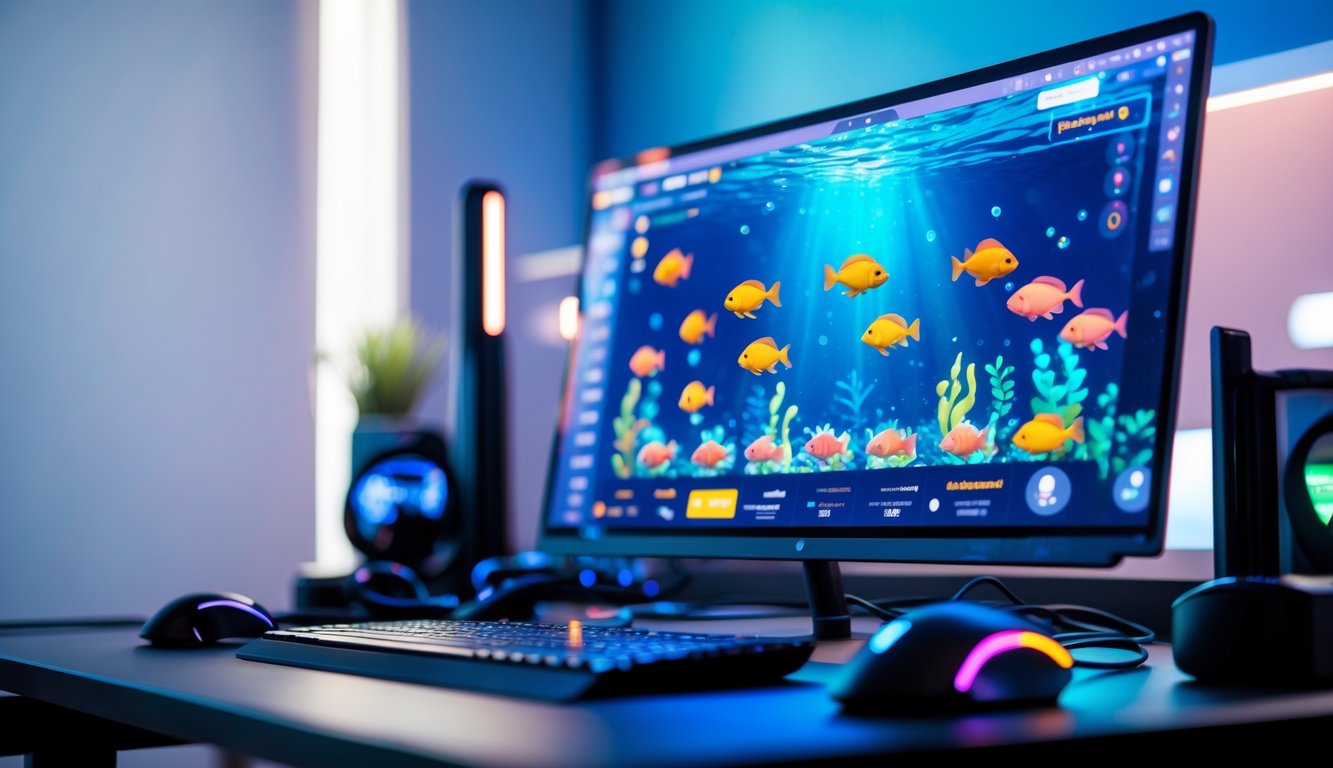Sebuah meja kerja dengan komputer yang menampilkan permainan menembak ikan berwarna-warni di layar, dikelilingi oleh perlengkapan gaming dan pencahayaan yang nyaman.