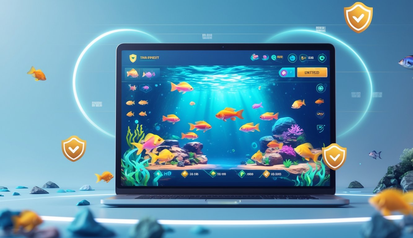 Seseorang bermain game tembak ikan online di perangkat digital dengan latar belakang tema bawah laut.